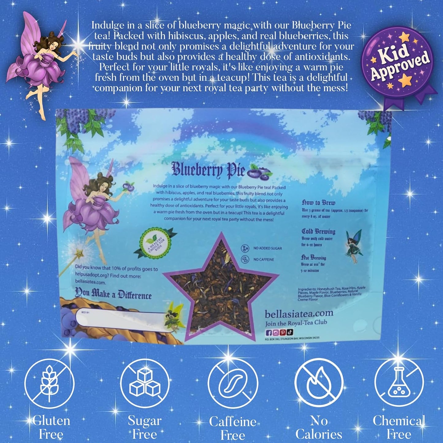 Bellasia Tea Blueberry Pie for Kids Using Real Fruit Pieces - Caffeine Free Herbal Tea Blend with Real Ingredients & Balanced Flavor- Add Loose Leaf Tea to Your Child’s Routine for A Fun & Tasty Drink. 20-25 Cups