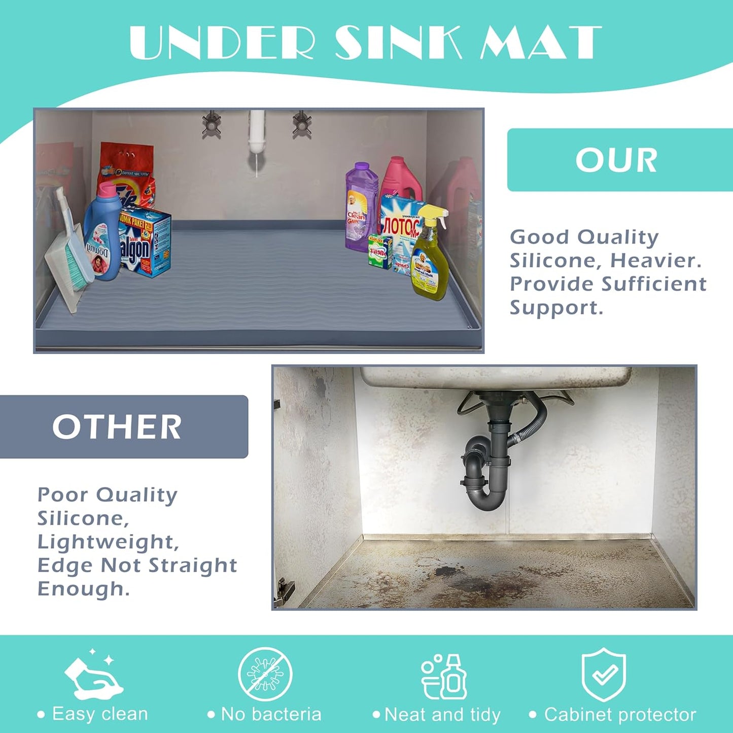 URMONA Waterproof Silicone Under Sink Mat 19'' x 19'' Shelf Liner for Kitchen and Bathroom, Cabinet and Counter Protector, Storage and Organizers, Litter Mat, Pet Cat Puppy Essentials(Dark Grey)