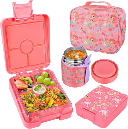 Bento Lunch Box Set With 10oz Soup Thermo, Leak-proof Lunch Containers with 4 Compartment, Kids Hot Thermo Food Jar/Insulation Lunch Bag, Food Containers for School（Mermaid）
