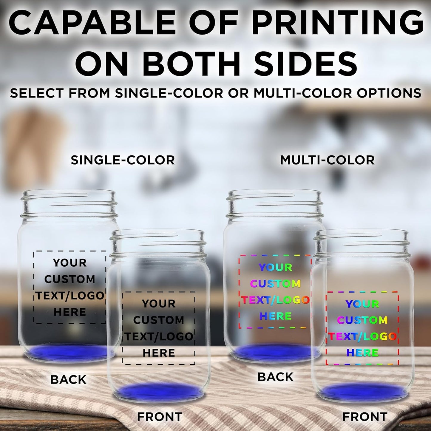 DISCOUNT PROMOS Custom Decorating Mason Jars 12 oz. Set of 10, Personalized Bulk Pack - Glass Jars for Overnight Oats, Candies, Fruits, Pickles, Spices, Beverages - Blue