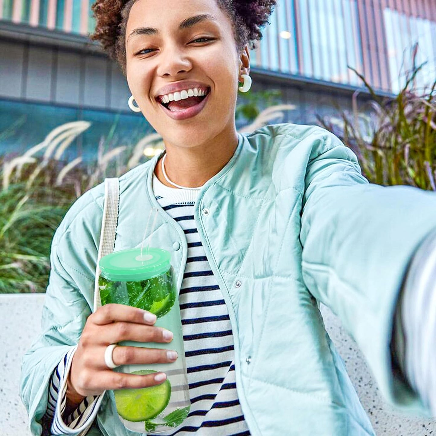 Joyclub 20oz Glass Cups with Acrylic Lids and Straws 8 Set Can Shaped Glass Iced Coffee Cups with Lids, Gradient Drinking Glasses Cute Tumbler Cup Great for Smoothie Soda Boba Tea Cocktail Beer Gift