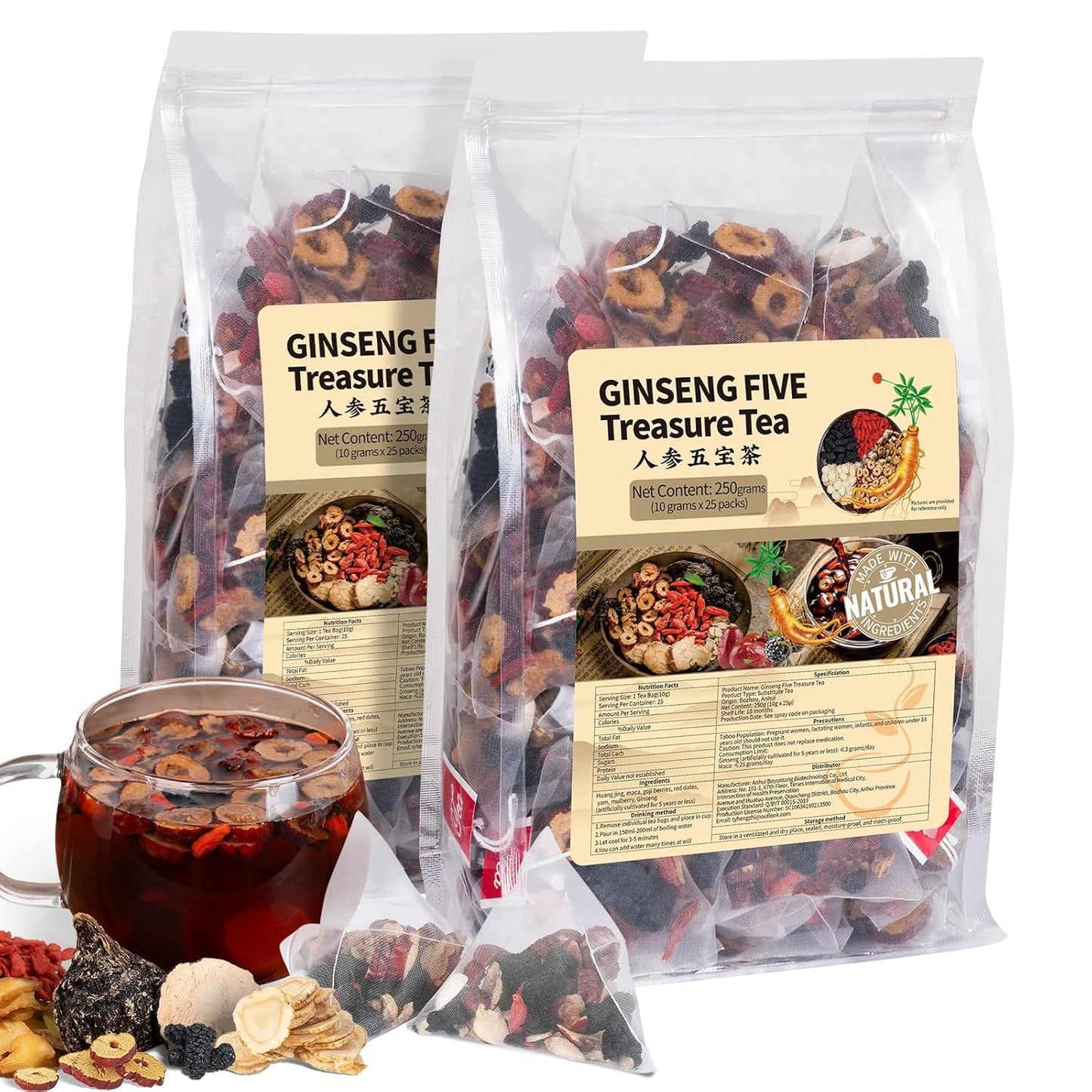 Ginseng Five Treasures Kidney Tea - Traditional Chinese Herbal, Natural Organic Cleanse Detox Tea for Women & Men, 7 Precious Ingredients Formula (2 Pack/50 Bags)