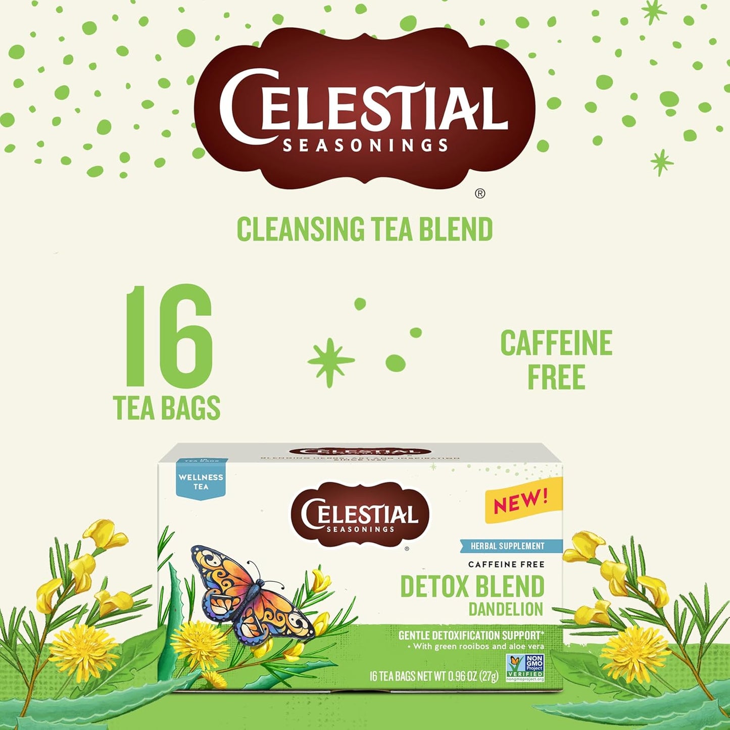 Celestial Seasonings Detox Blend Dandelion Wellness Tea, Caffeine Free, 16 Tea Bags Box