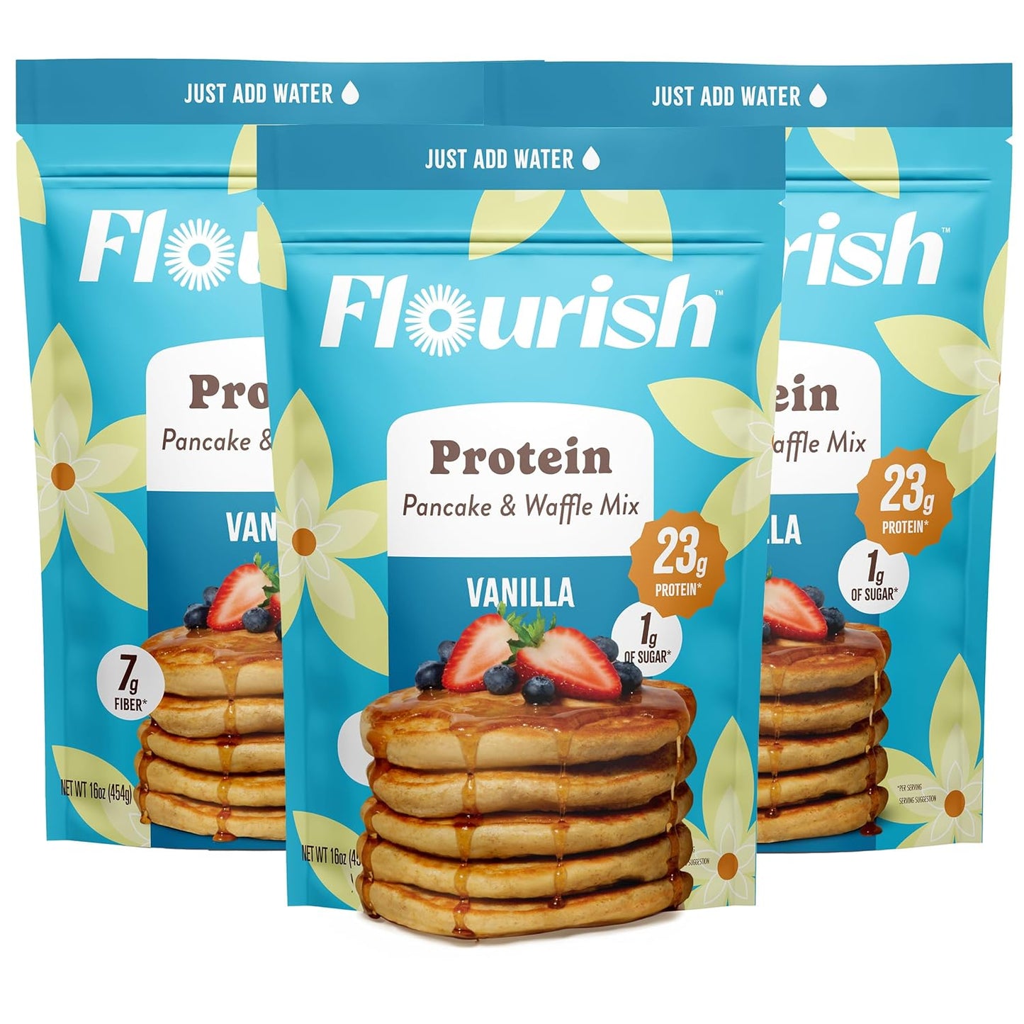 Flourish Protein Pancake & Waffle Mix, with Whey Protein & Flax Seed, No Added Sugar, High in Protein & Fiber - Just Add Water - Vanilla Flavour, 430g (3 Pack) - Made in Canada