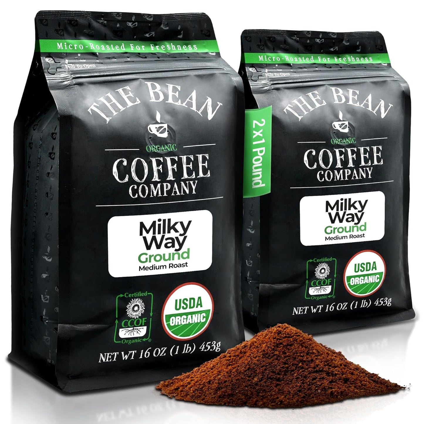 The Bean Organic Coffee Company Milky Way, Medium Roast, Ground Coffee, 16-Ounce Bags (Pack of 2), Café molido tostado orgánico