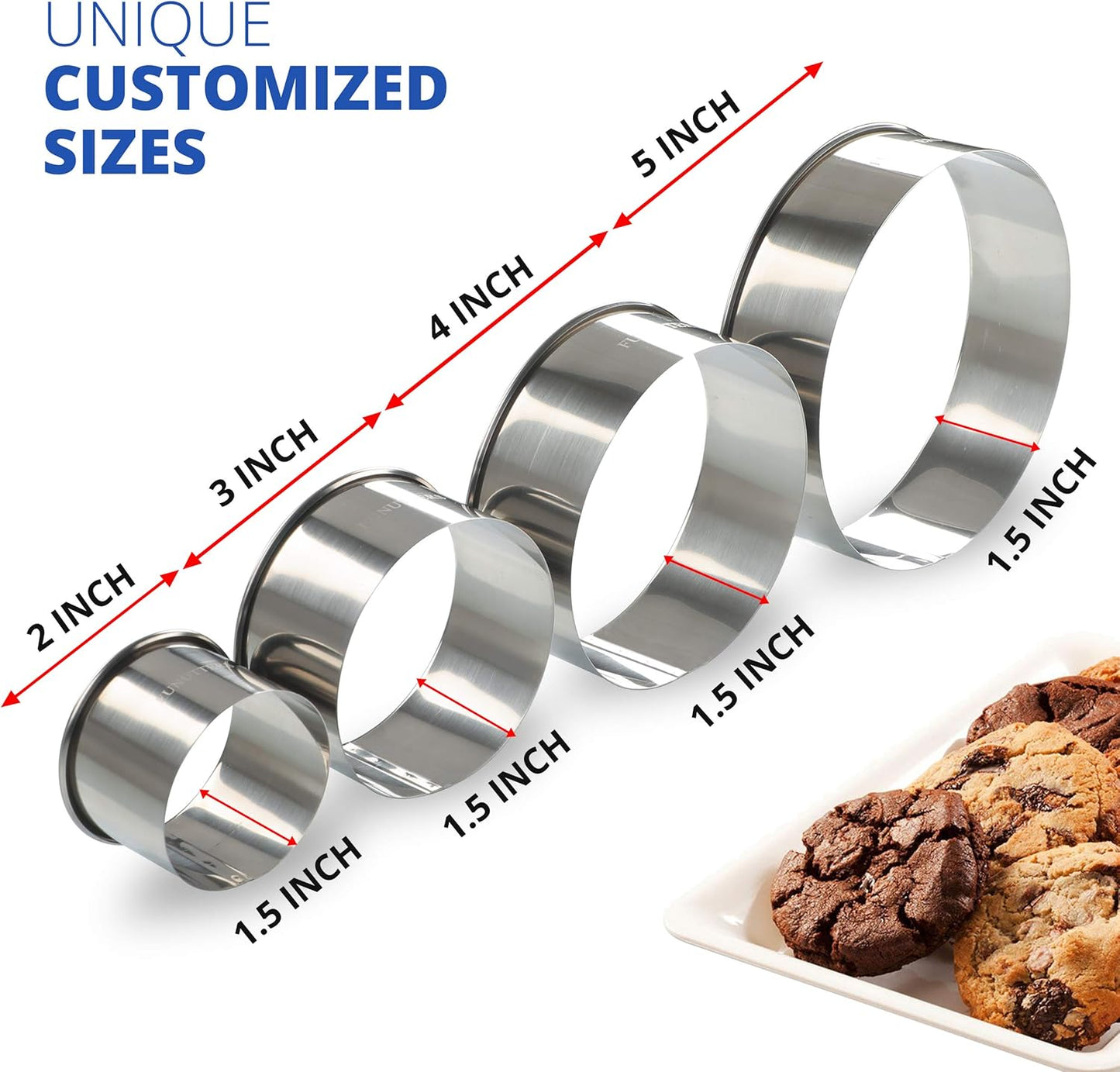 Cookie Cutter Set, 4 Pc. Kit, Measuring 2'', 3'', 4'' and 5'', Round Metal Baking Rings for Pastry, Biscuits, and Dough Cutting, Heavy Duty and Reusable, Multiple Sizes