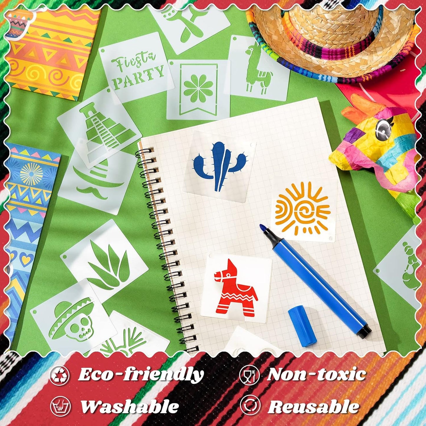 100 Pcs Stencils for Painting on Wood Reusable Stencil Crafts Drawing Templates Holiday Wall Paper for DIY Scrapbook Home 2 x 2 Inch(Mexican Festival)