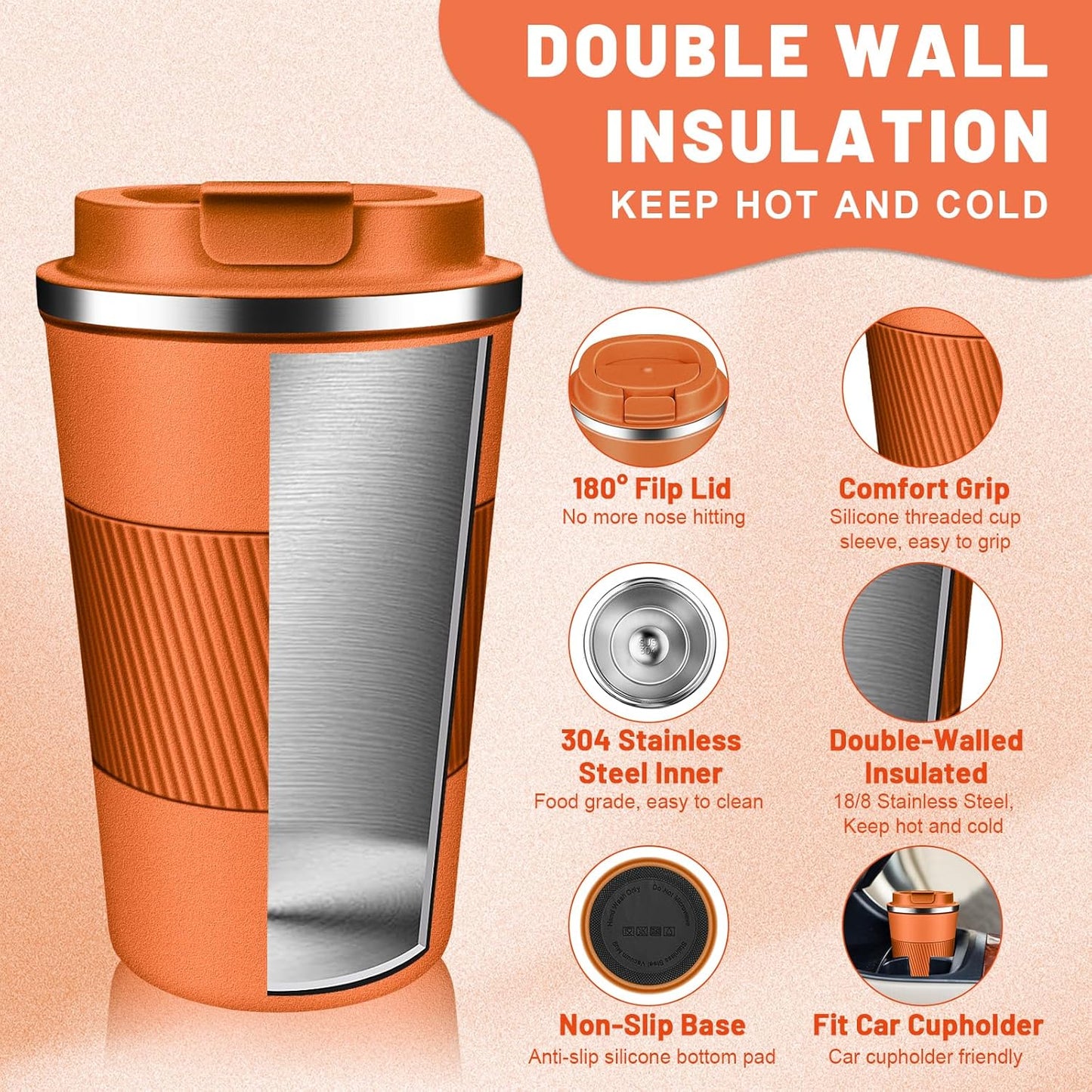 Insulated Coffee Tumblers with Flip Lid 12oz / 17oz, Stainless Steel Travel Coffee Mug Leak Proof, Vacuum Insulated Coffee Mug Reusable Cup, Keeps Cold and Hot for Coffee Tea