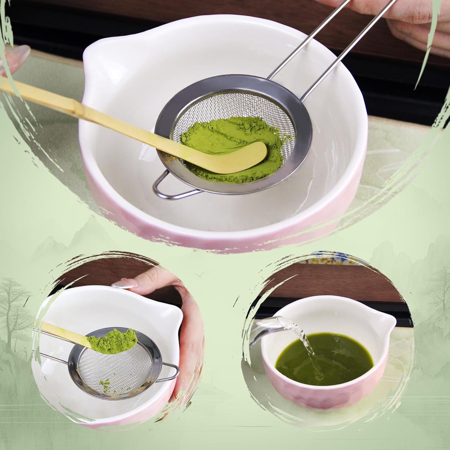 7-Pcs Matcha Whisk Set - Ceramic Matcha Set Includes Bowl,Whisk,Holder,Bamboo Scoop,Scoop Rest,Sifter & Tea Towel – Japanese Traditional Tea Kit for Beginners & Tea Lovers (Gradient Pink)