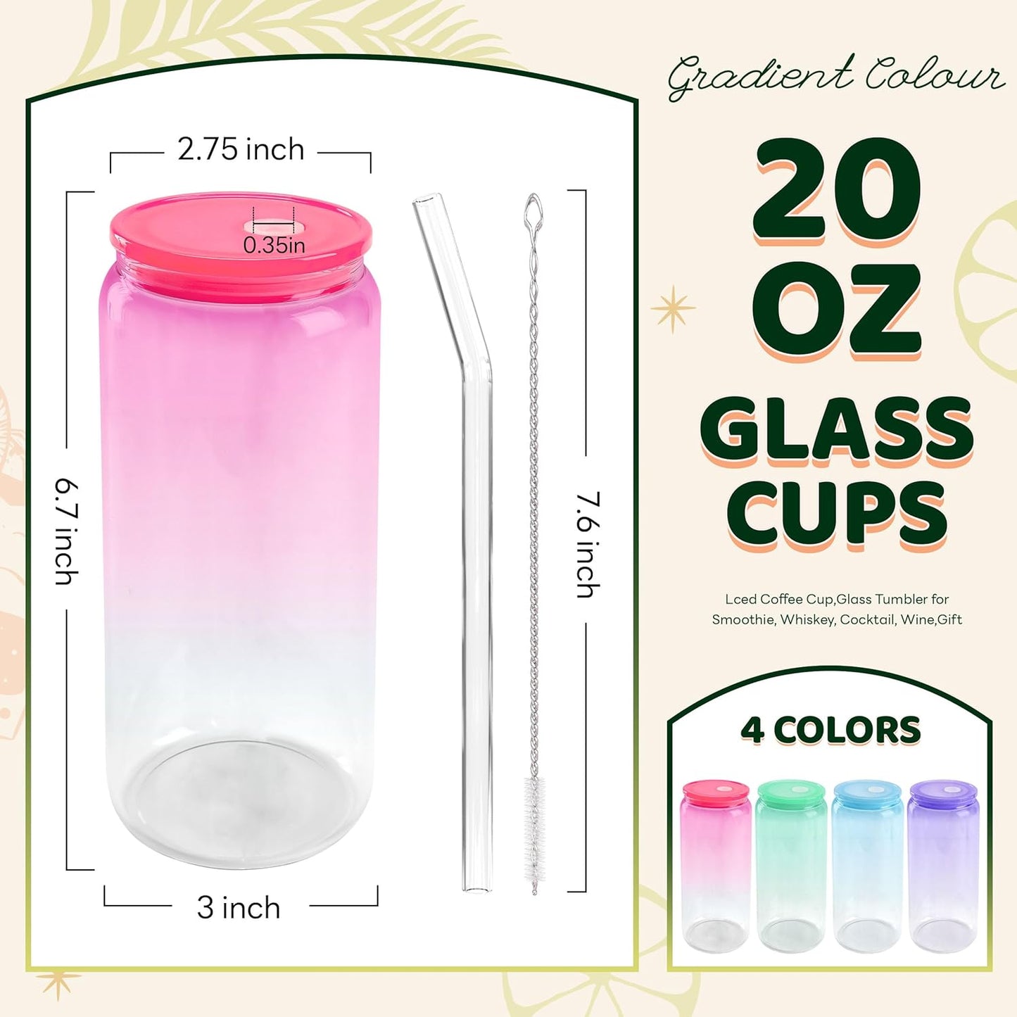 Joyclub 20oz Glass Cups with Acrylic Lids and Straws 8 Set Can Shaped Glass Iced Coffee Cups with Lids, Gradient Drinking Glasses Cute Tumbler Cup Great for Smoothie Soda Boba Tea Cocktail Beer Gift