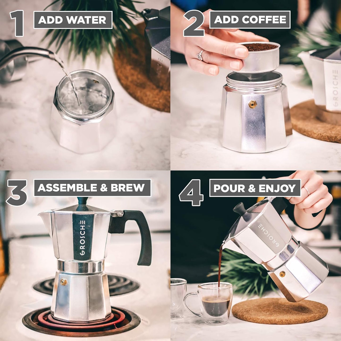 GROSCHE Milano Moka Pot | 3 Espresso Cup - 5 oz | Stovetop Espresso Percolator & Coffee Maker – Portable, Ideal for Home and Camping