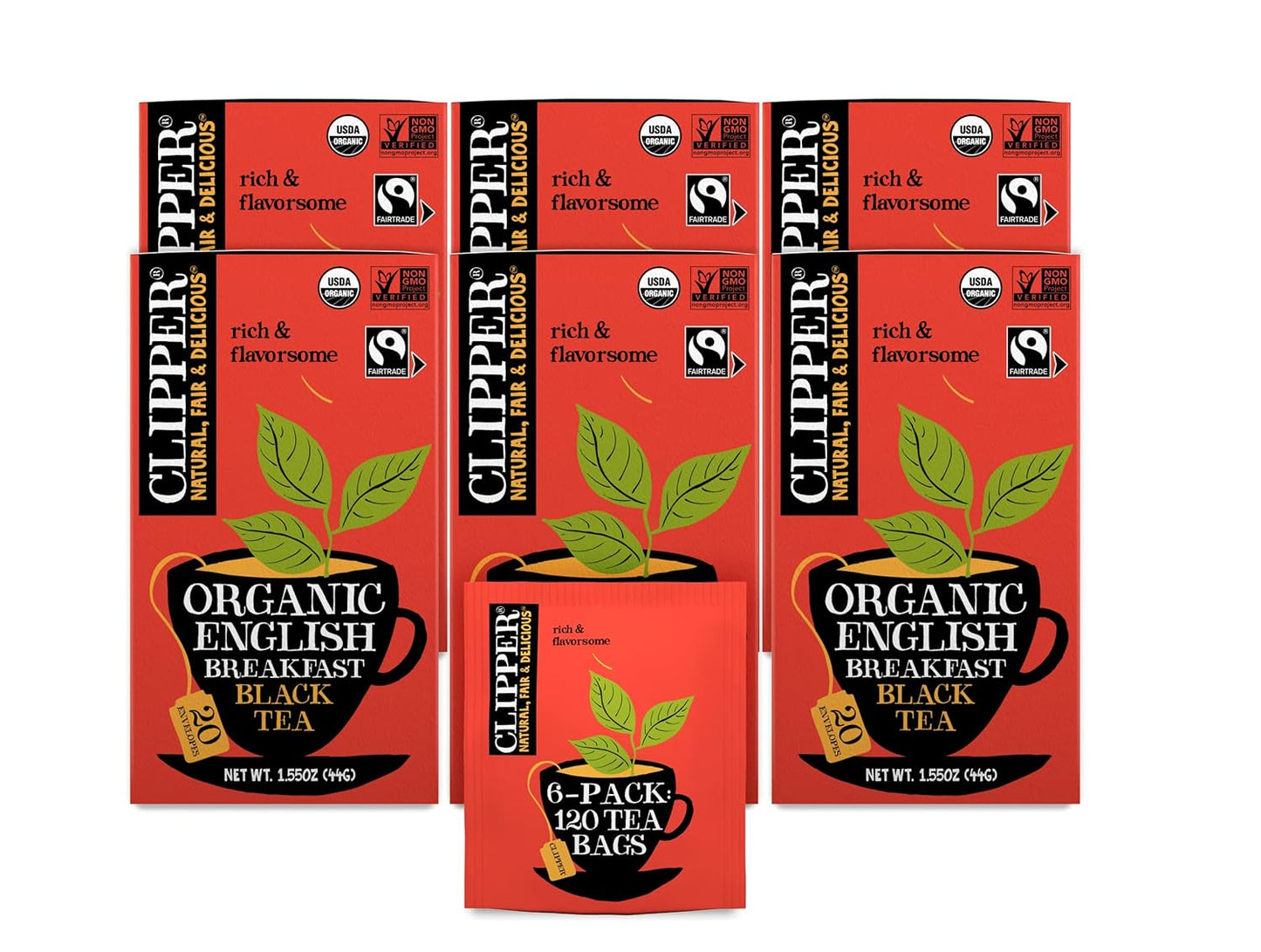 Clipper Tea, English Breakfast, Fairtrade, Organic, Plant-Based, Caffeinated British Tea, 6 Pack, 120 Unbleached Tea Bags