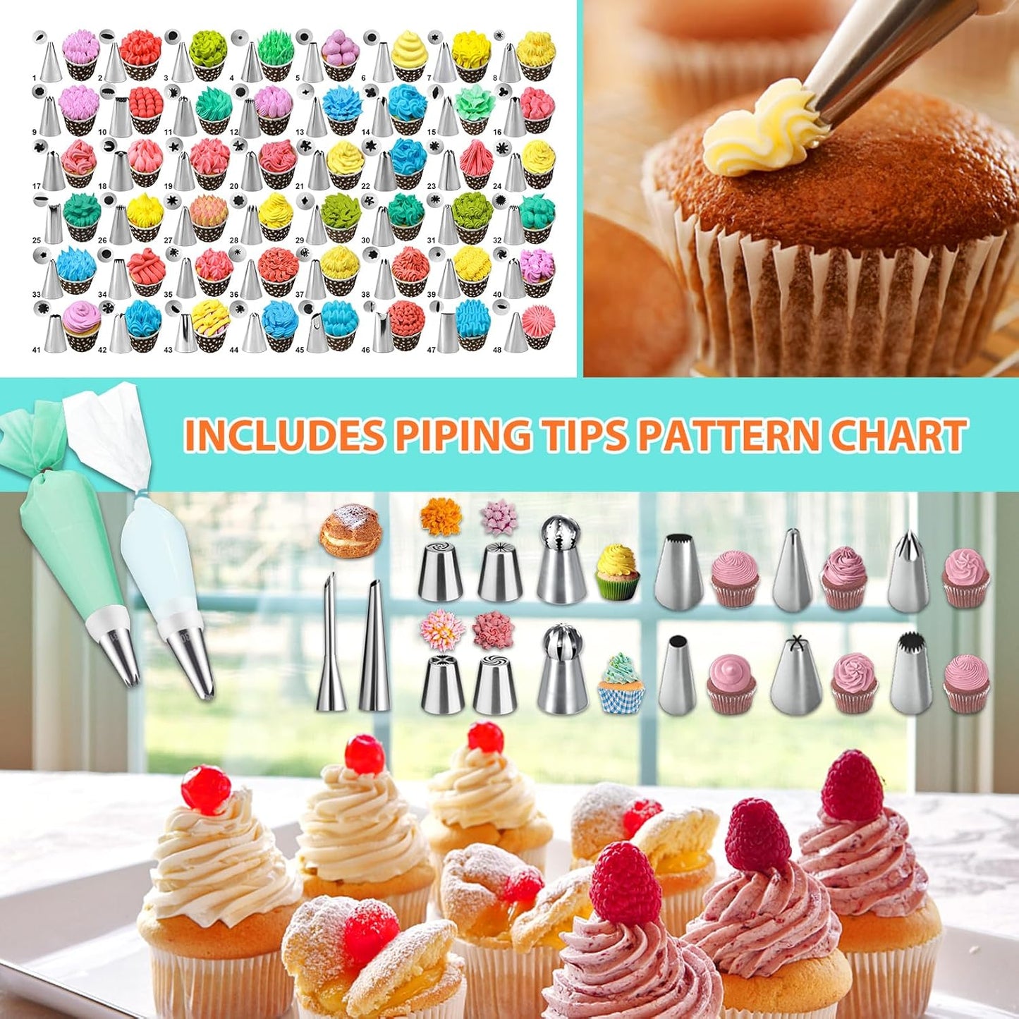Cake Decorating Supplies Tools Kit: 358 pcs Baking Accessories with Storage Case - Piping Bags and Icing Tips Set - Puffs Christmas Cookie Cutters Cupcake Set for Beginners or Professional, Mint Green