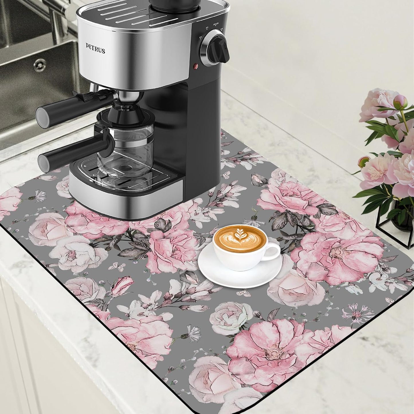 Pink Flowers and Leaves Coffee Mat Absorbent Dish Drying Mat for Kitchen Counter Hide Stain Rubber Backed Coffee Bar Accessories Fit Under Espresso Machine Dish Drainer, 15.7 x 23.6 Inch