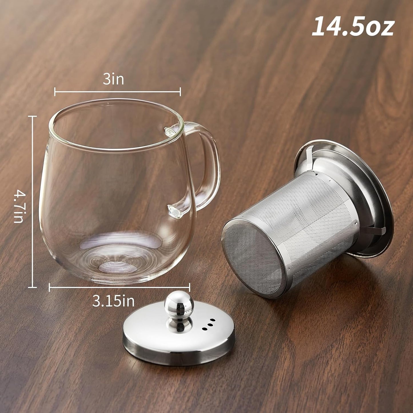 Glass Tea Cup with Infuser and Lid, 14.5oz/450ml Large Borosilicate Glass Teacup with Stailess Steel Filter, Clear Mug for Loose Leaf Blooming Tea, Dishwasher Safe - Tea Maker Gift