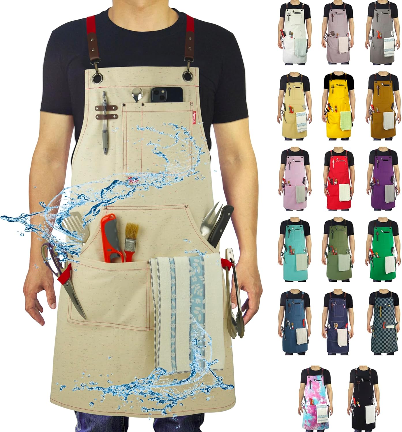 Work Aprons with Multiple Pockets, Waterproof Canvas for Cooking, Painting, Crafting, Gardening, Sizes M to XXL, Colorful Spots