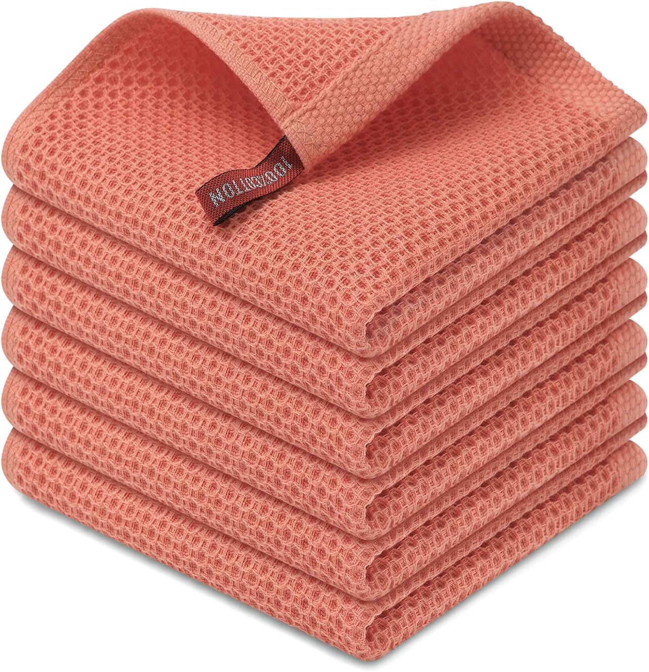 Kitinjoy 100% Cotton Kitchen Dish Cloths, 6 Pack Waffle Weave Ultra Soft Absorbent Dish Towels for Drying Dishes Quick Drying Kitchen Towels Dish Rags, 12 X 12 Inches, Coral