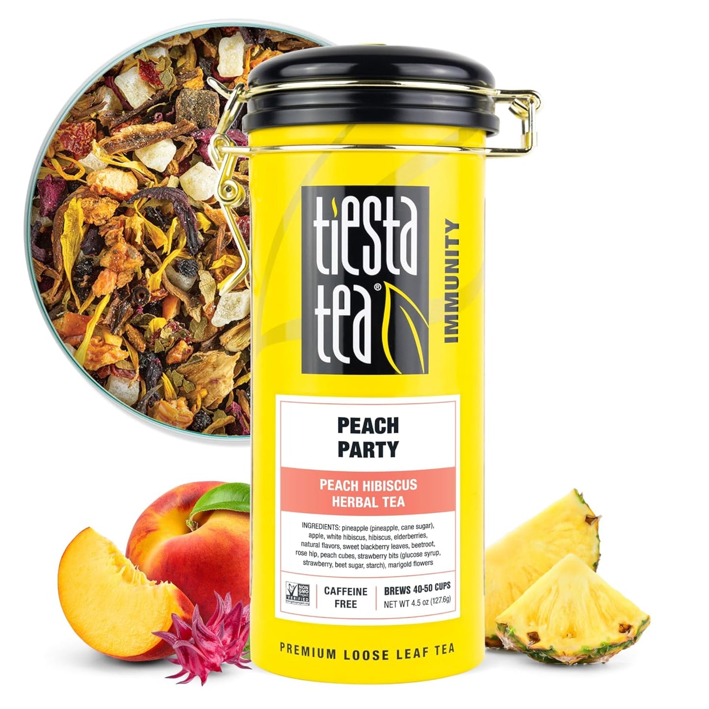 Tiesta Tea - Peach Party, Loose Leaf, Peach Hibiscus Herbal Infusion, Premium Blend, Non-Caffeinated Fruit Tea, Makes Hot or Iced & Up to 50 Cups, 4.5oz Refillable Tin