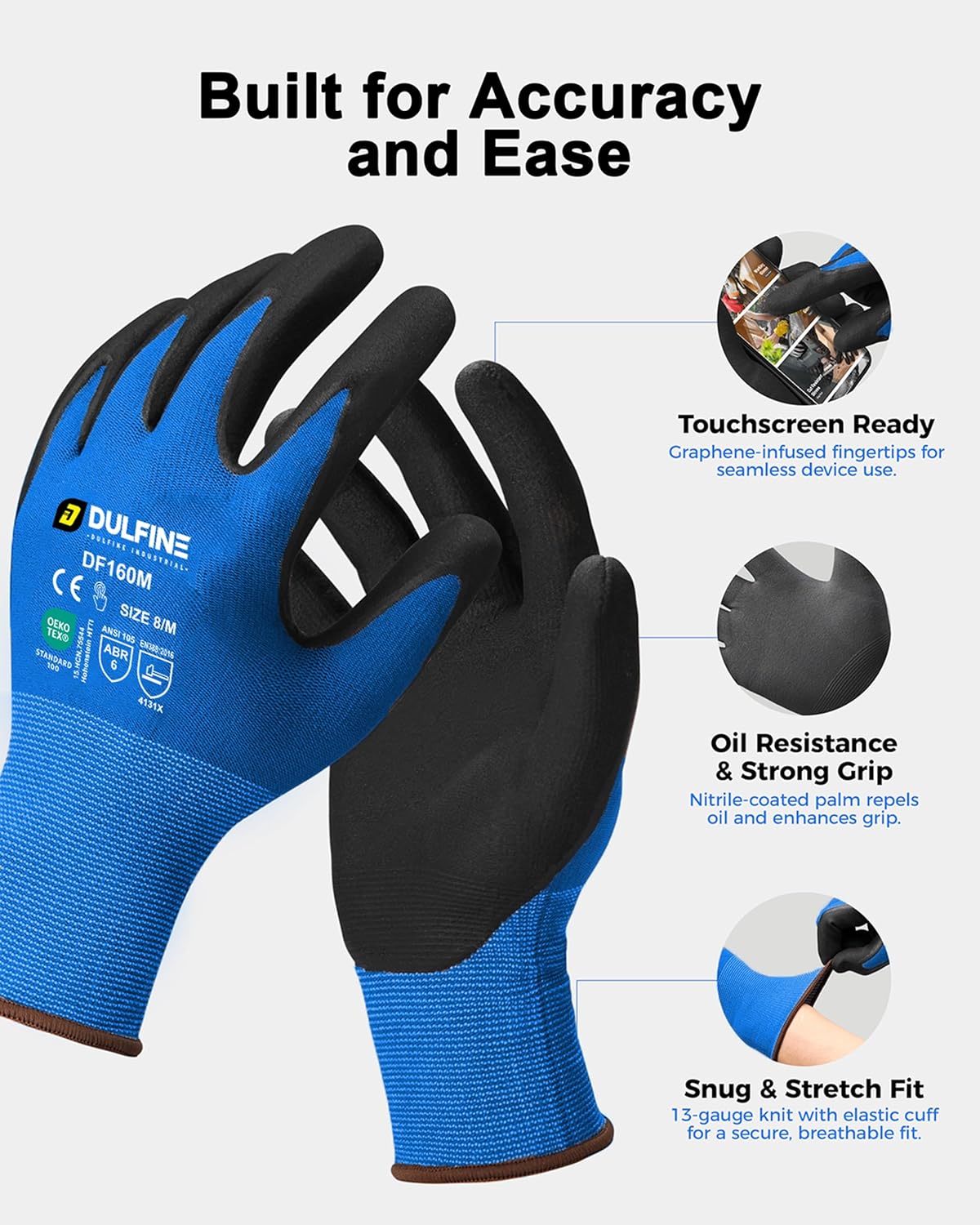 Safety Work Gloves MicroFoam Nitrile Coated-12 Pairs Pack,Blue Seamless Knit Nylon Glove with Black Micro-Foam Nitrile Grip,Ideal for General Purpose,Automotive,Home Improvement,Painting(Large)