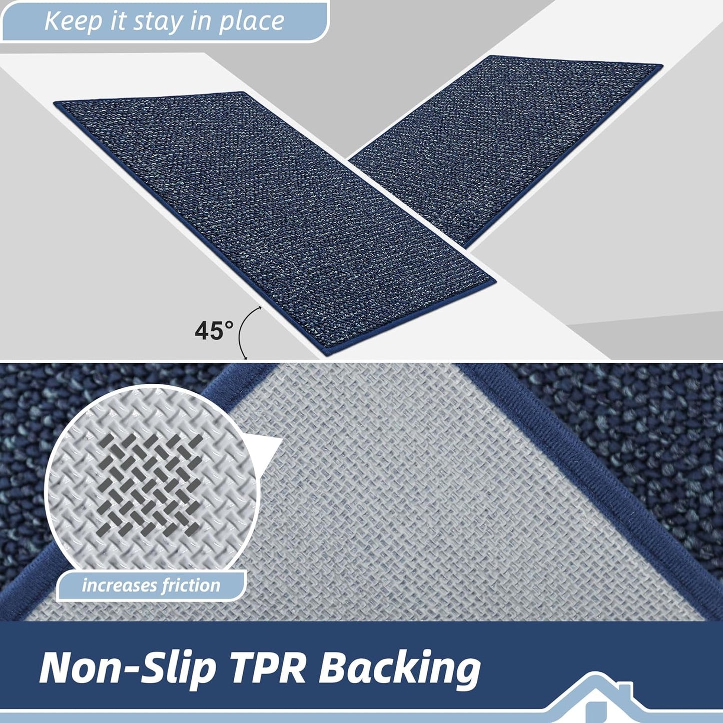 BEQHAUSE Dirt Trapper Door Mat 24" x 60", Non-Slip Washable Doormats Entrance Mat, Dirt Resistant and Absorbent Welcome Mat, Low Profile Floor Mats for Front Back Door and Entryway, Blue