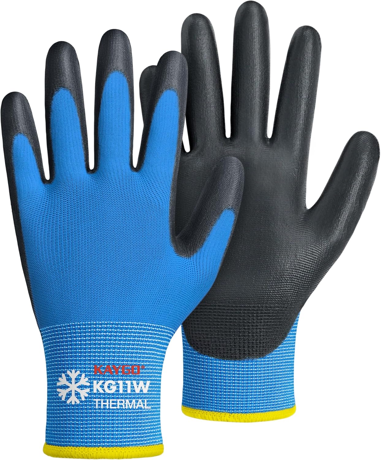 KAYGO Winter Work Gloves for Men and Women, 12 Pairs Thermal Insulated Safety Work Gloves PU Coated, Smooth Grip on Palm & Fingers,Ideal for Freezer Work,Blue,L
