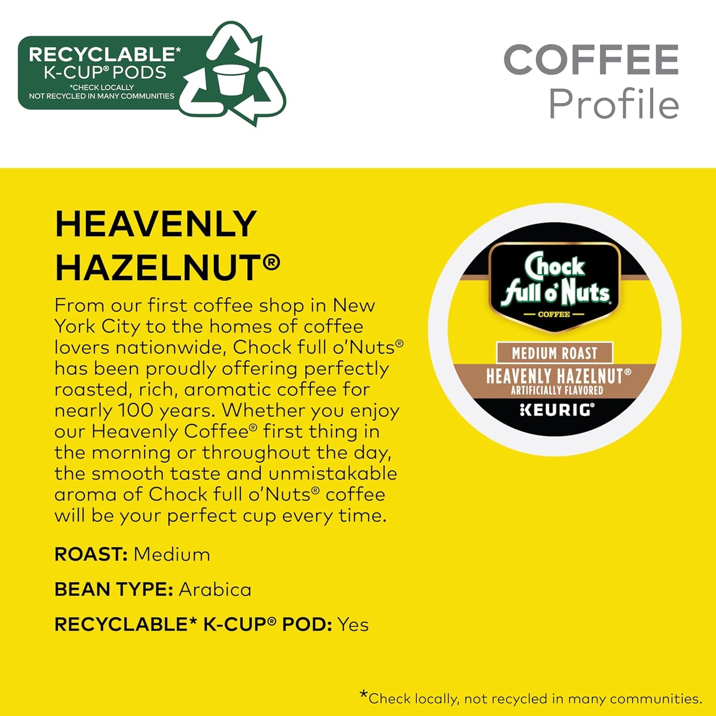 Chock Full o'Nuts Heavenly Hazelnut Coffee, Compatible with Keurig K-Cup Pods, 12 CT (Pack of 6)