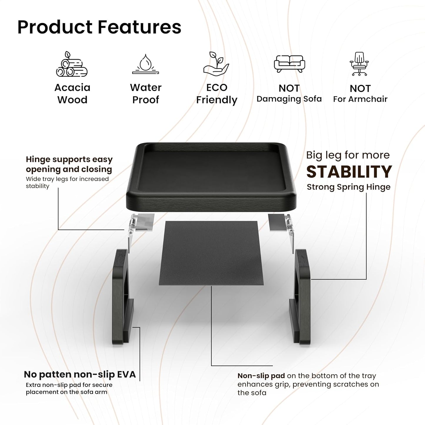 Tinamo Acacia Sofa Arm Tray, Rectangle Couch Armrest Table - Couch Accessories, Armchair Caddy, Clip on Tray for Home Sofa Living Room, Sofa Arm Table (Black, 13.75" D x 9.5" W x 1" H)