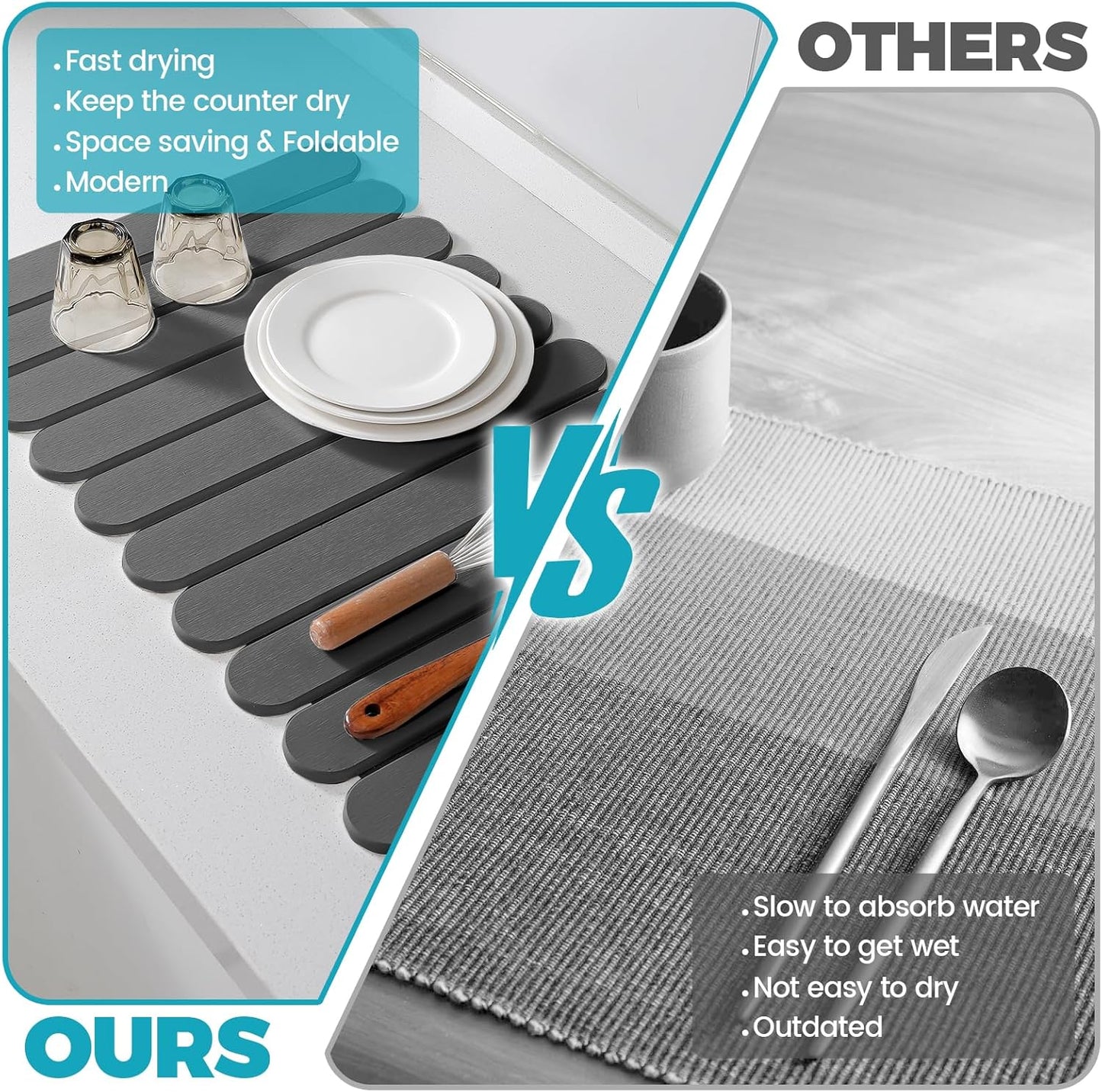 Extral Large Quick Dry Stone Drying Mat for Kitchen Counter,28"(L)x16"(W) Collapsible Eco-Friendly Absorbent Diatomaceous Earth Mat for Dishes Cups,Dish Drying Mats (Deep gray-Ellipse, 28x16 inch)