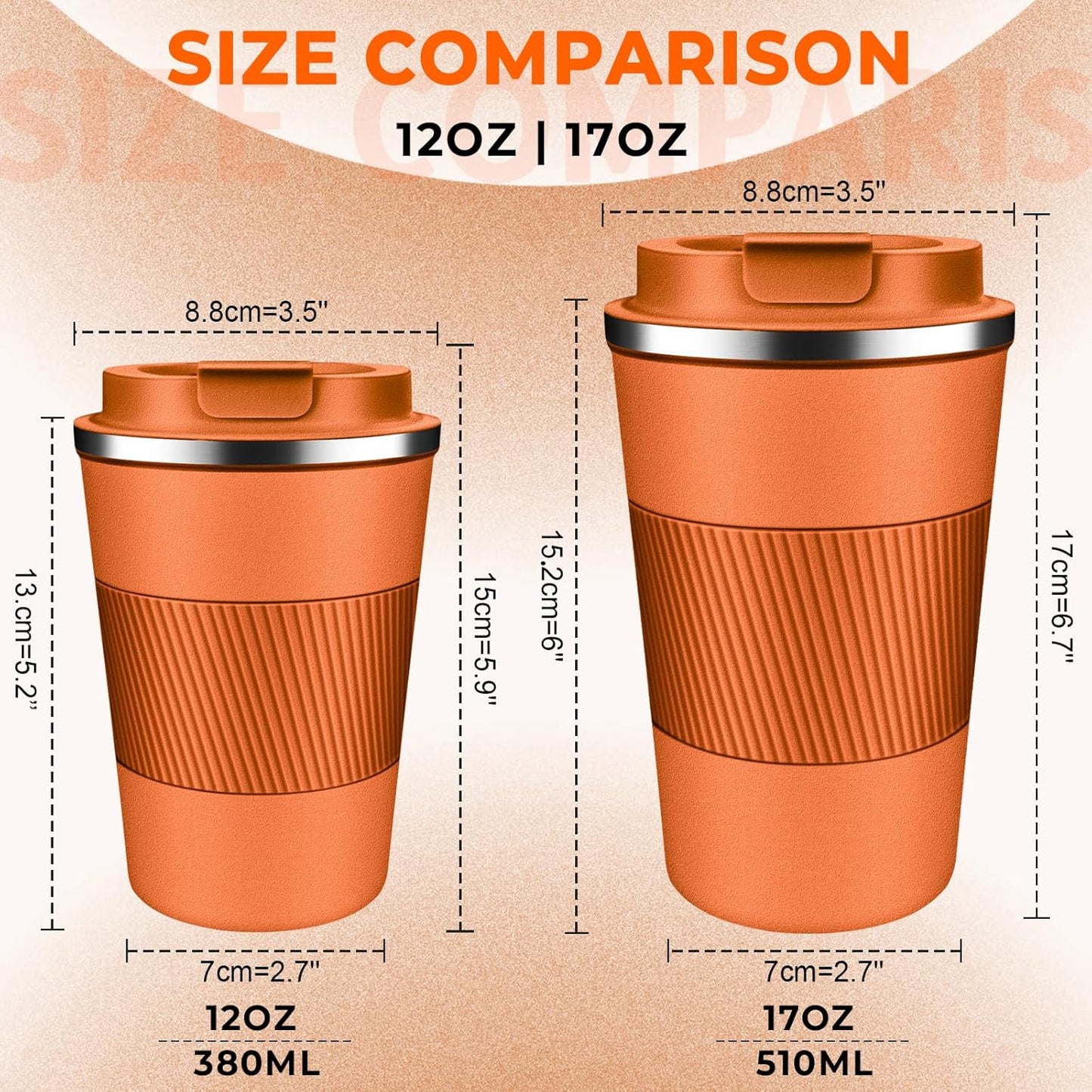 Insulated Coffee Tumbler 12 oz, Stainless Steel Coffee Mug with Lids, Travel Coffee Mug Leak Proof, Double Wall Vacuum Insulated Reusable Coffee Cup, Keep Drinks Hot and Cold (Orange, 12 Ounces)