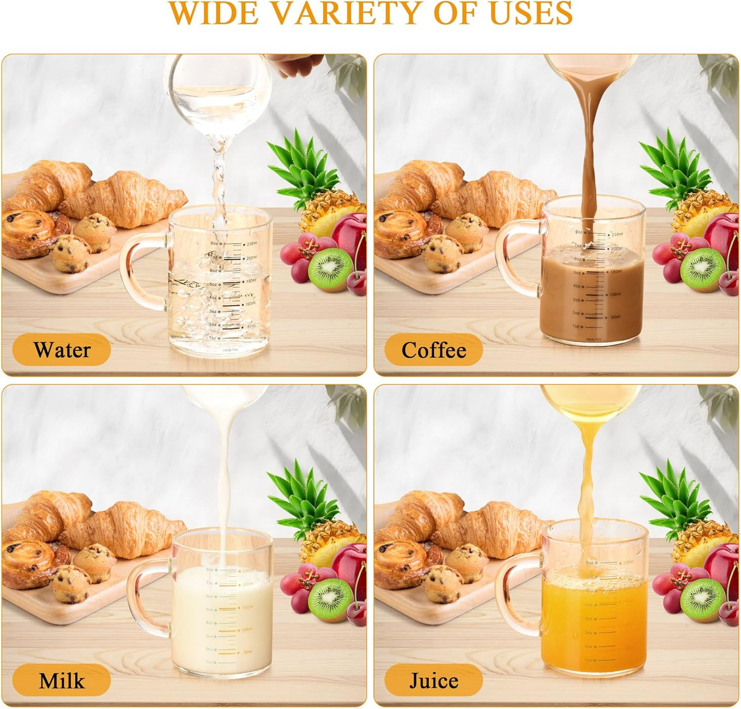 8 Oz Glass Measuring Cup, Espresso Shot Glasses, Clear Coffee Mugs for Hot or Cold Drinks With Handle, Microwave Safe Graduated High Borosilicate Cup (Black)