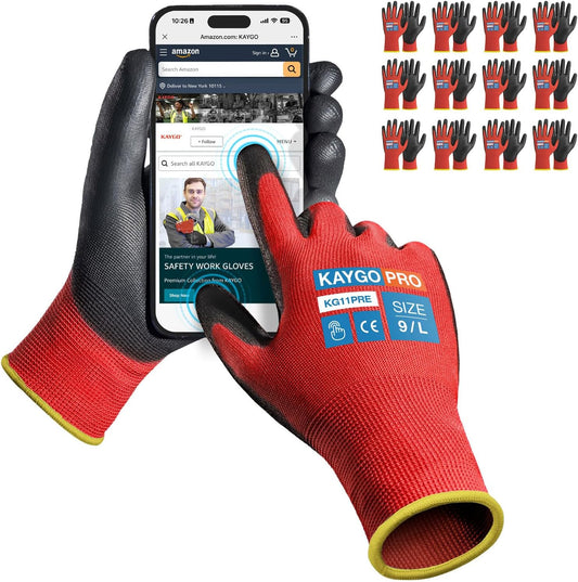 KAYGO Safety Work Gloves PU Coated for Men and Women- KG11P,12 Pairs,Seamless Knit Glove with Two Fingers Touchscreen,Ideal for General Duty Work (Red,L)