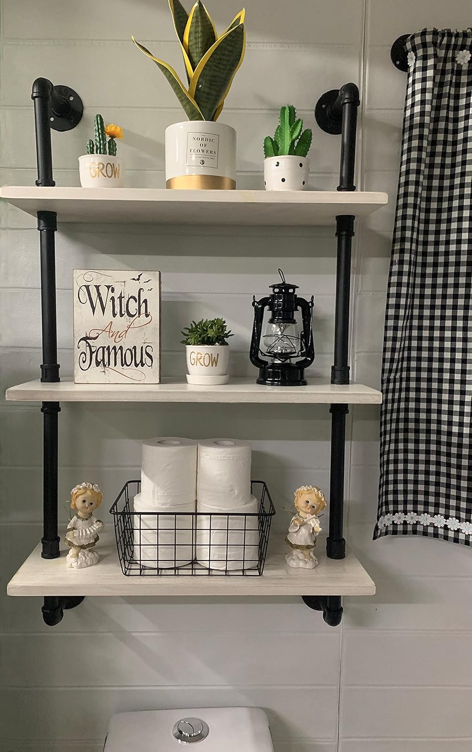 White Floating Shelves 24 inch Pipe Wall Shelves Bathroom Shelves Over Toilet with Wood Planks Industrial Pipe Floating Shelves Farmhouse Bathroom Pipe Shelves Wall Mounted