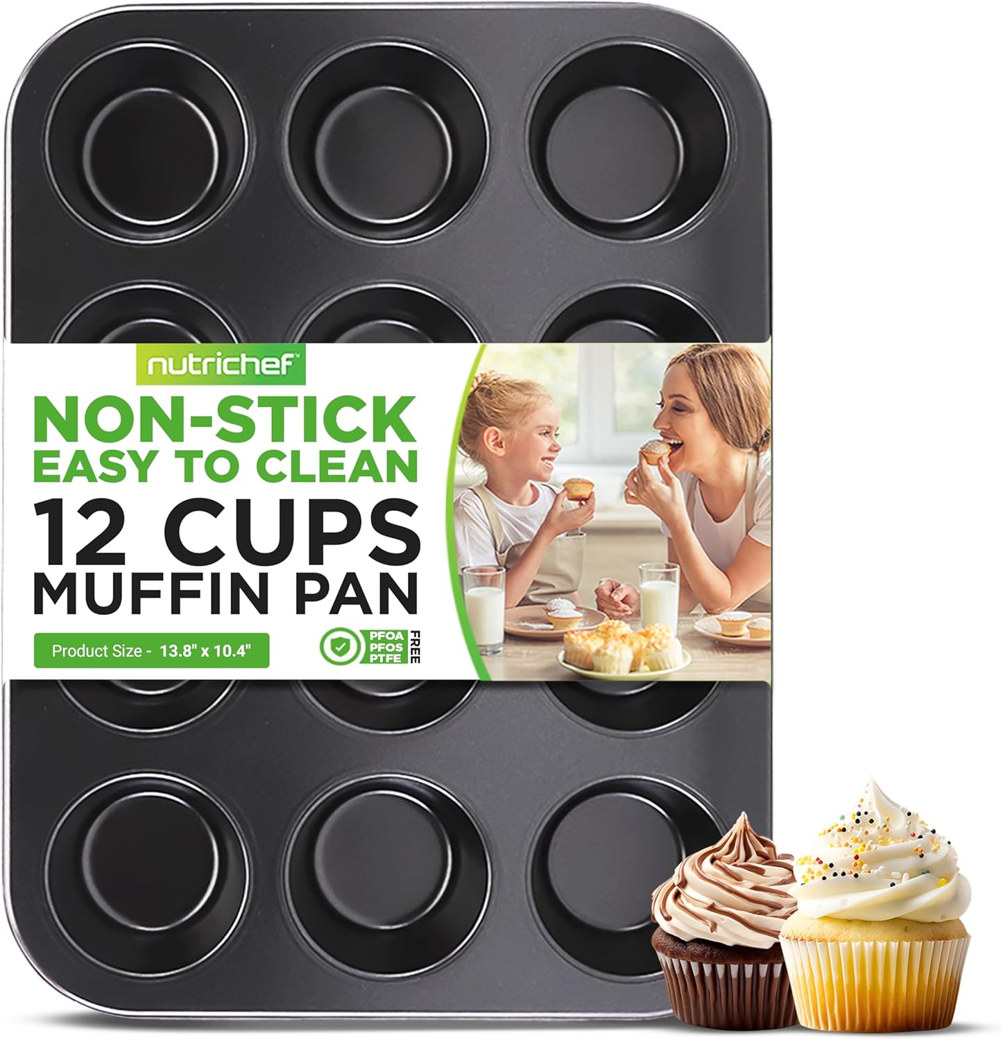 NutriChef 13” Non-Stick Muffin Baking Pan - Premium Dark Gray Carbon Steel Bake Tray, Commercial Grade Restaurant Quality Metal Bakeware - Dishwasher Safe