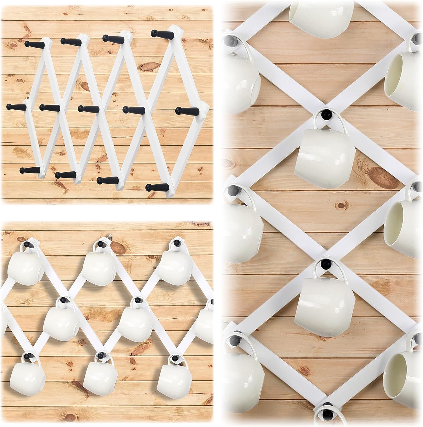 Dseap Accordian Wall Hanger: 16” High Wooden Wall Expandable Coat Rack, Hat Rack Holder, Accordion Hook for Baseball Caps, Coats, Mugs, 13 Peg Hooks, White & Black
