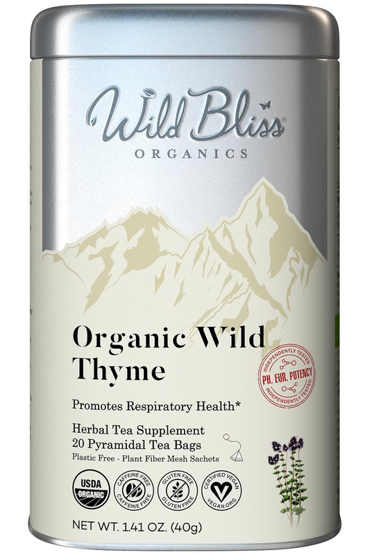 Wild Bliss Organic Wild Thyme Tea - Caffeine Free Respiratory Herbal Support - Pharmacopoeia Potency - 20 Plant Based Tea Bags
