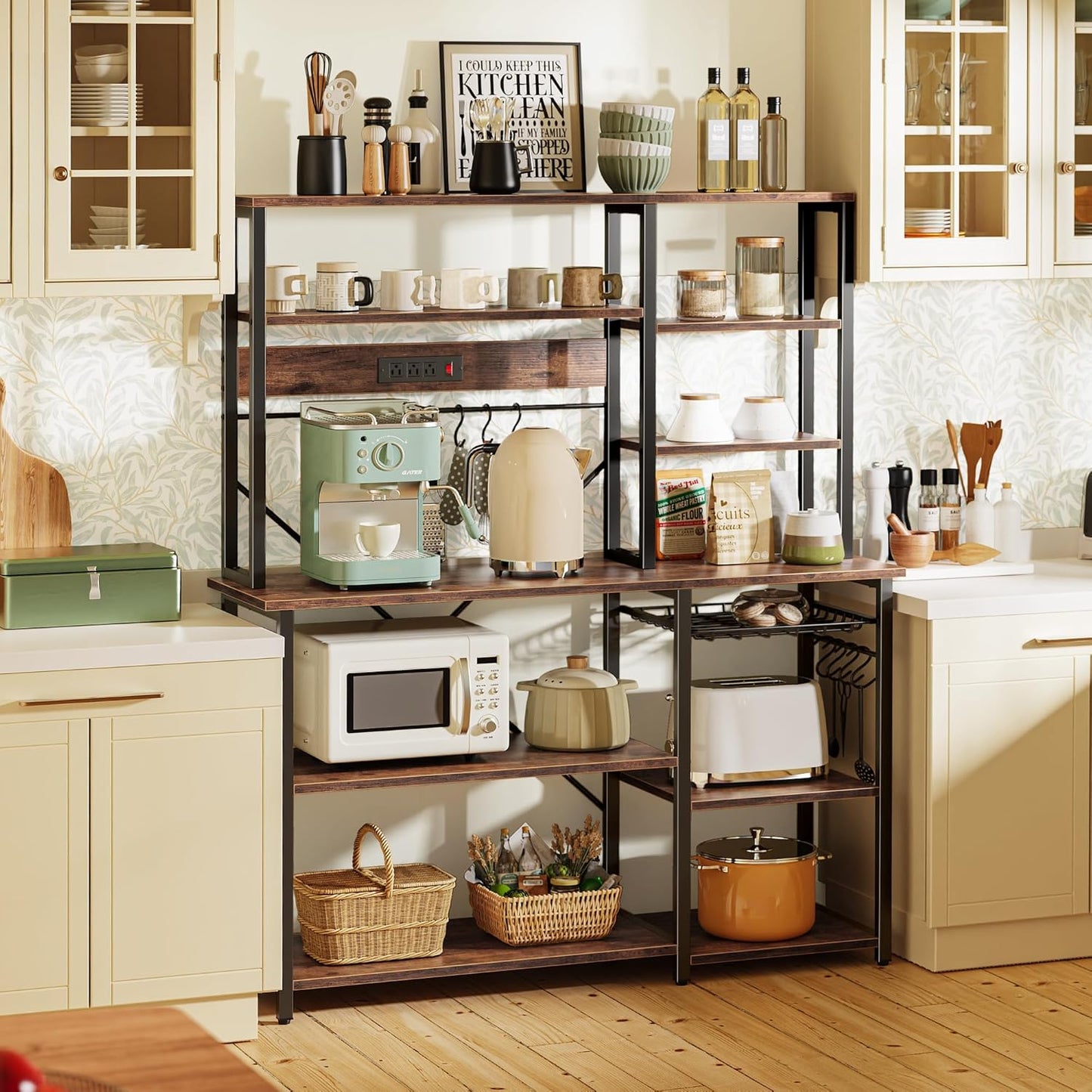 SUPERJARE Larger Bakers Rack with Power Outlets, 6-Tier Microwave Stand, Coffee Bar with 12 S-Shaped Hooks, Kitchen Shelf with Wire Basket, 47.2 x 15.5X 66.9 Inches, Rustic Brown