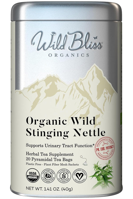Wild Bliss Organic Wild Stinging Nettle Leaf Tea - Caffeine Free Urinary Tract and Joint Health Herbal Support - Pharmacopoeia Potency - 20 Plant Based Tea Bags