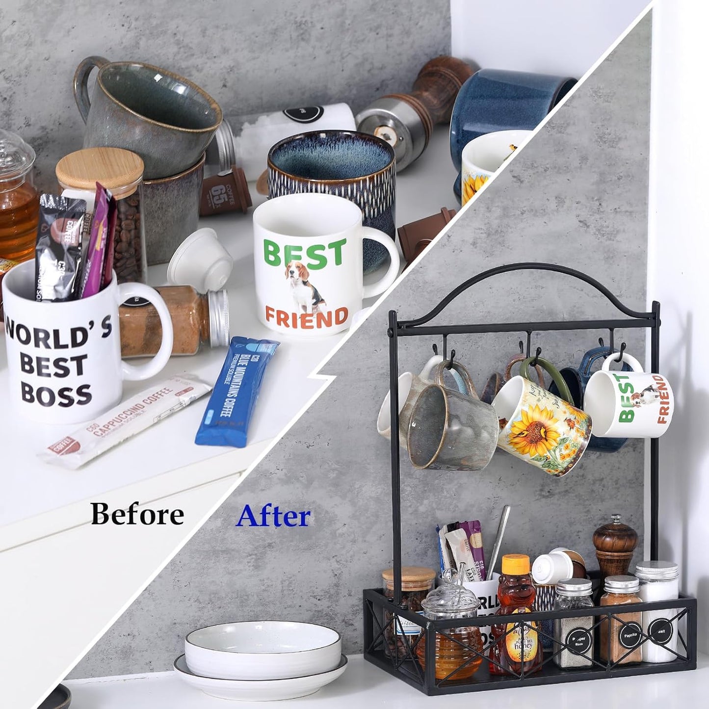 Coffee Mug Holder, 6 Big Capacity Cup Holder for Countertop, Cup Rack Organizer,Mug Tree with Storage Base for Coffee Bar Accessories (Large)