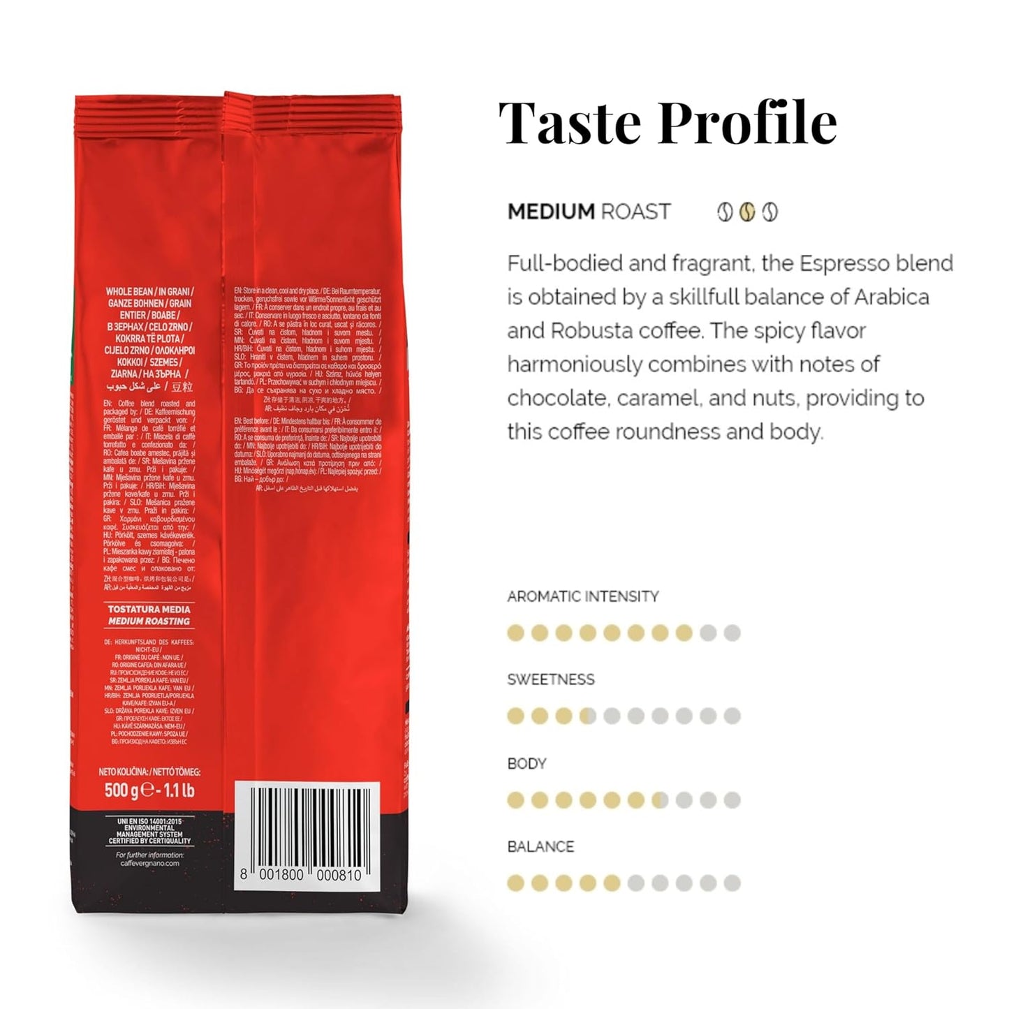 Caffe Vergnano 1882 Espresso Whole Bean Arabica Roast Coffee, 1.1 lb bag - Italian Medium Roast Coffee Beans with notes of Chocolate, Nuts & Caramel, Intensity 7/10-500g Bag