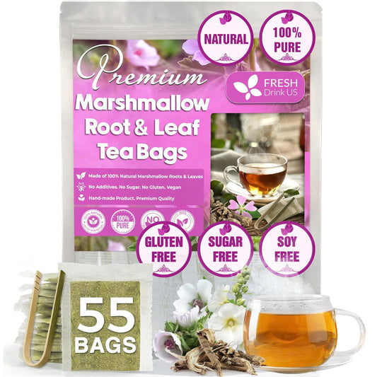 FreshDrinkUS, Premium 55 Marshmallow Root and Leaf Tea Bags, 100% Natural & Pure. Loose Leaf Marshmallow Herbal Tea. Made with Eco-Conscious Tea Bags. No Sugar, No Caffeine, No Gluten, Vegan.