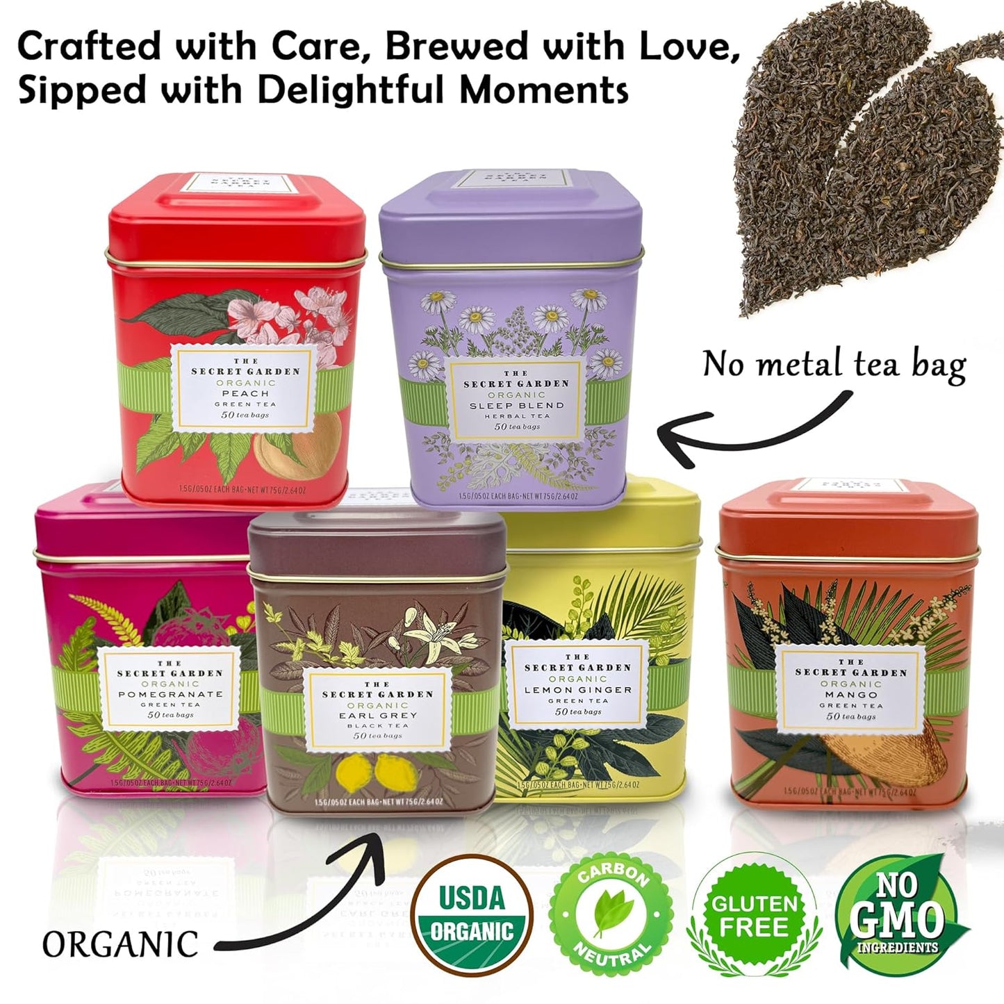 Premium USDA Organic Ceylon Tea Sampler Set - 6 Flavors, 50 Bags Per Tin (300 Total) Variety Pack Non-GMO, Herbal, Fruity, Green & Black, Caffeinated & Decaffeinated