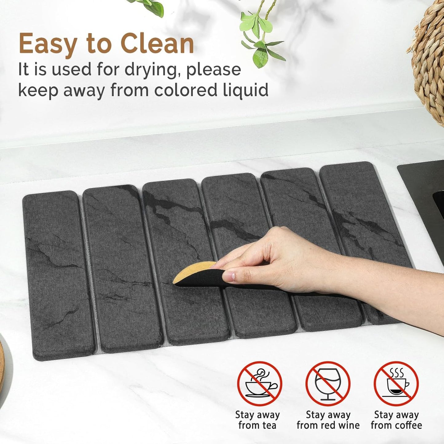 2 PCS Stone Dish Drying Mat for Kitchen Counter,Quick Dry Stone Dishes Mats,Marbled Water Absorbing Diatomaceous Earth Drying Pad for Countertop Bottles Utensils Cups(Dark Gray 16"×12" & 8"x4")