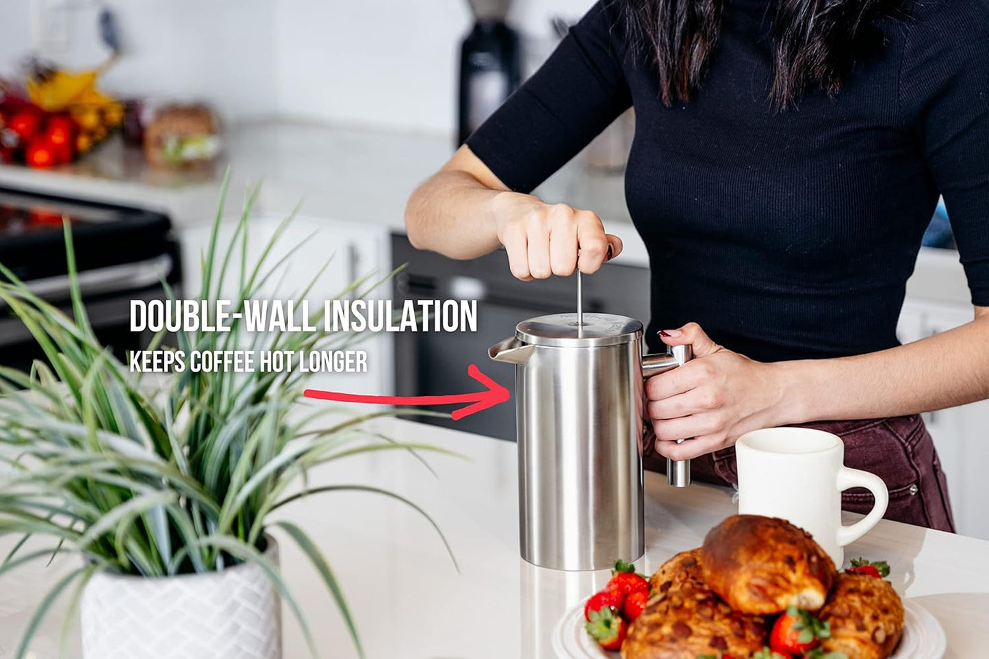 Barista Warrior French Press with Thermometer - Insulated Coffee Press - Stainless Steel Coffee Maker (1.0L, 34 fl oz, Gray)