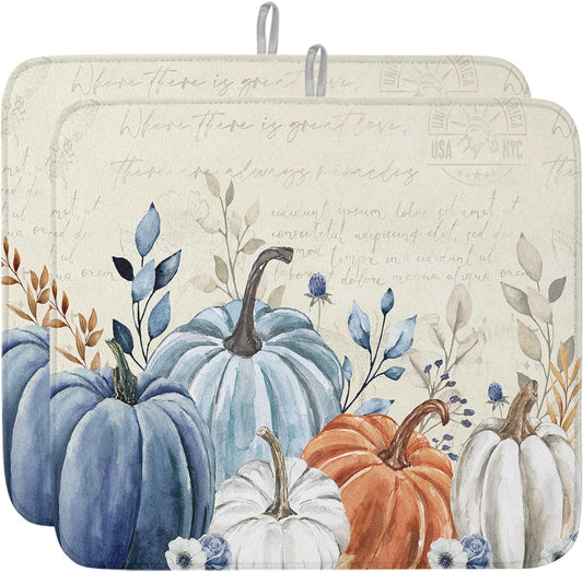Fall Dish Drying Mat for Kitchen Counter Blue Pumpkin Drying Pad Absorbent Drying Mats for Countertops Sinks Draining Racks Floral Leaves Drainer Holiday Harvest Thanksgiving Decorations 16x18