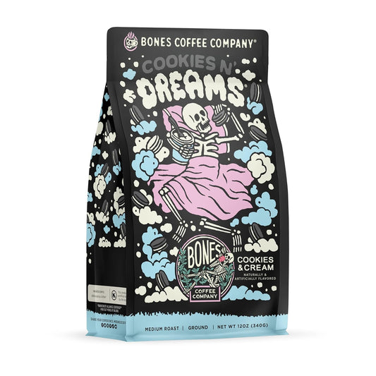 Bones Coffee Company Cookies 'N Dreams Cookies and Cream Flavored Coffee, Medium Roast Low Acid Arabica Beans Compatible with Auto drip and French Press Coffee Maker, 12 Oz Ground
