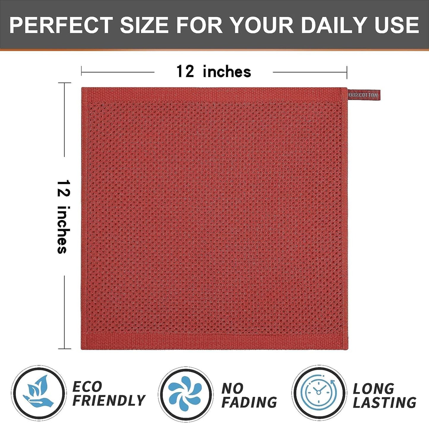 Kitinjoy 100% Cotton Kitchen Dish Cloths, 12 Pack Waffle Weave Ultra Soft Absorbent Dish Towels for Drying Dishes Quick Drying Kitchen Towels Dish Rags, 12 X 12Inch, Brick Red