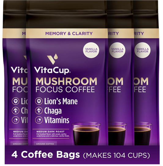 VitaCup Focus Mushroom Coffee Grounds, Vanilla Flavored Coffee with Lions Mane, Chaga, B Vitamins, D3, Boost Focus, Immunity, Memory & Clarity, Medium Dark Roast, 100% Arabica Specialty, 4 bags, 10oz each