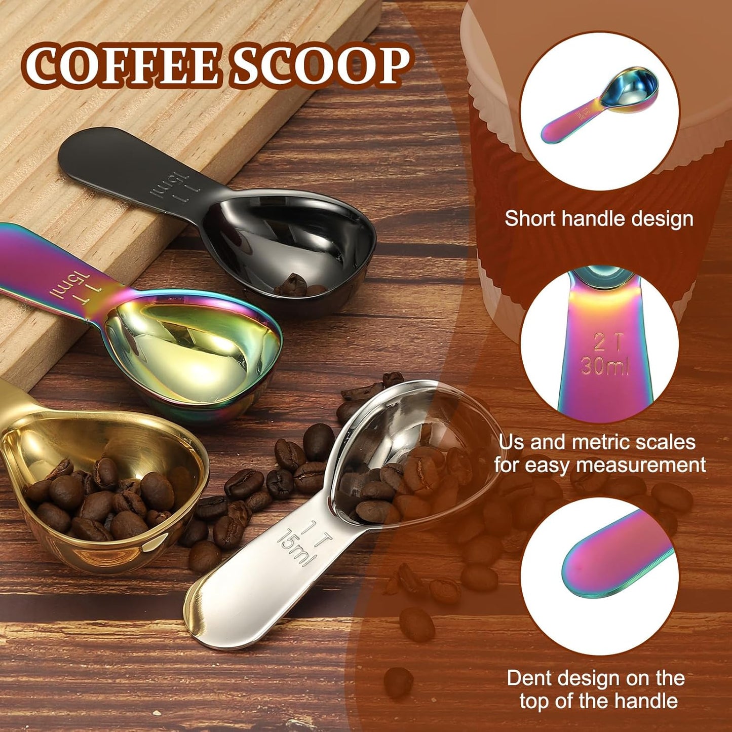 uxcell 2Pcs Stainless Steel Coffee Scoop, 30ml Short Handle Measuring Spoon for Ground Coffee Tea Sugar Kitchen Gifts, Rainbow