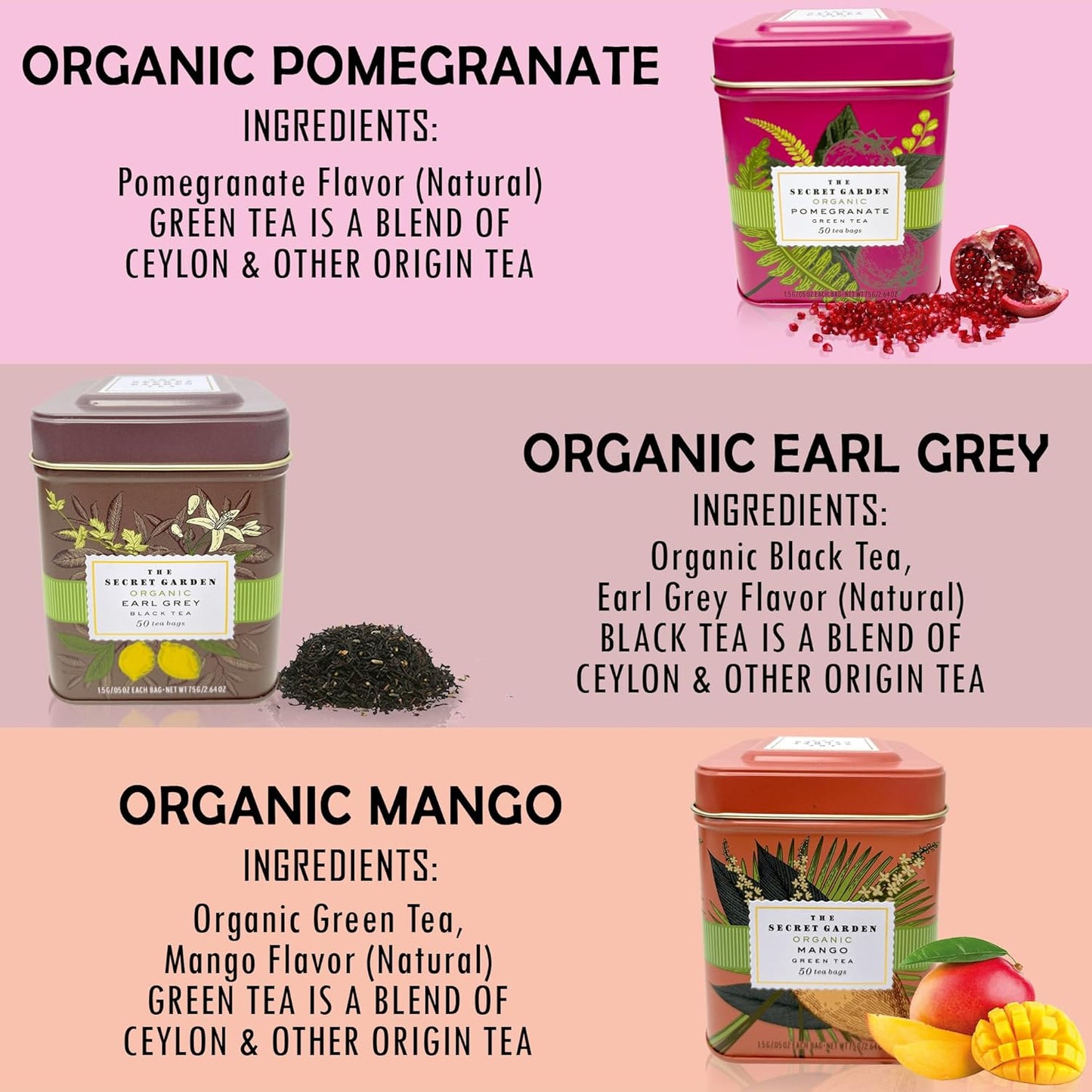 Premium USDA Organic Ceylon Tea Sampler Set - 6 Flavors, 50 Bags Per Tin (300 Total) Variety Pack Non-GMO, Herbal, Fruity, Green & Black, Caffeinated & Decaffeinated