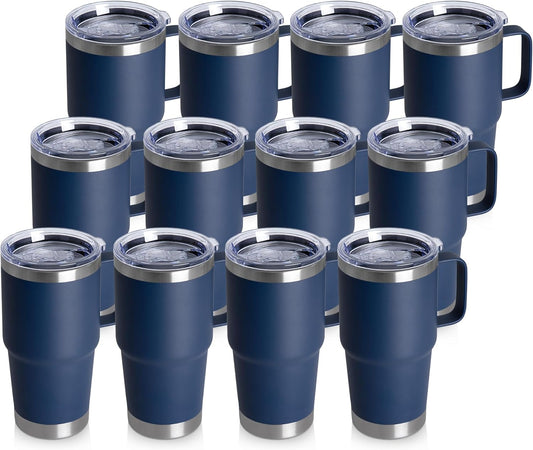 HASLE OUTFITTERS 20oz Tumbler Bulk with Lid, Stainless Steel Tumbler Bulk with Handle, Metal Insulated Travel Coffee Mug Set with Handle, Double Wall Vacuum Leak Proof Tumbler Cup, Navy 12 Pack